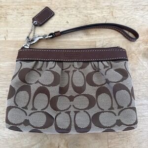Coach Signature C Brown Tan Wristlet leather Trim & strap Charm Zipper CLEAN